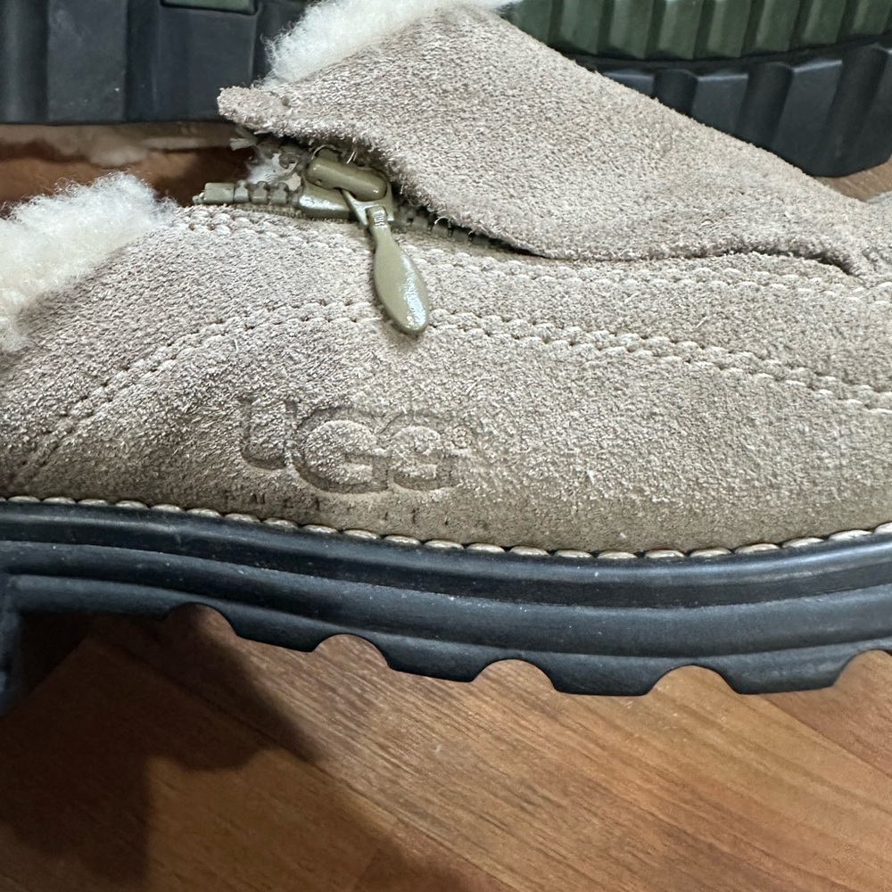 UGG Tan Suede Mules with Cream Fur Lining - Picture 4 of 5